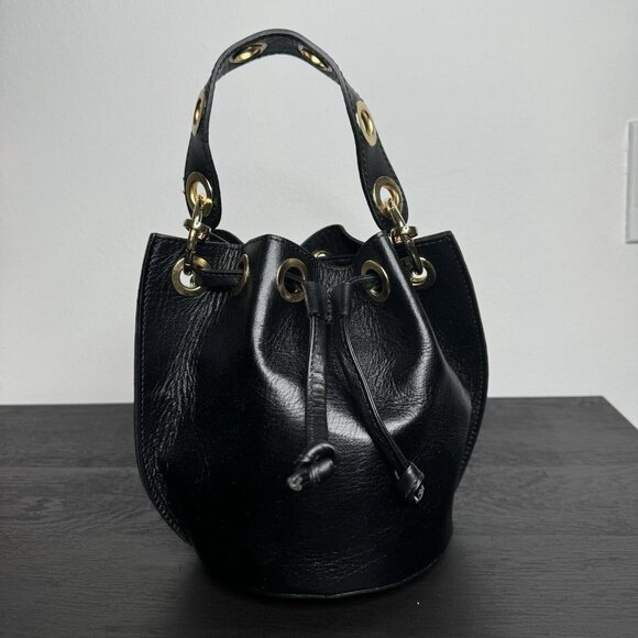 HOUSE OF HARLOW‎ 1960 100% Leather Bucket Drawstring Bag Eyelets - Picture 3 of 10